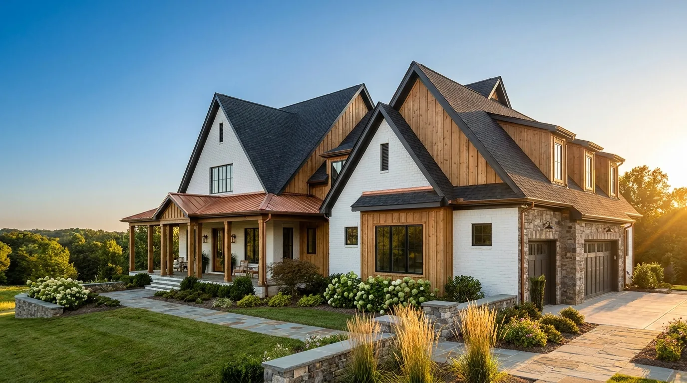 Modern-farmhouse custom home exterior with a covered porch at golden hour